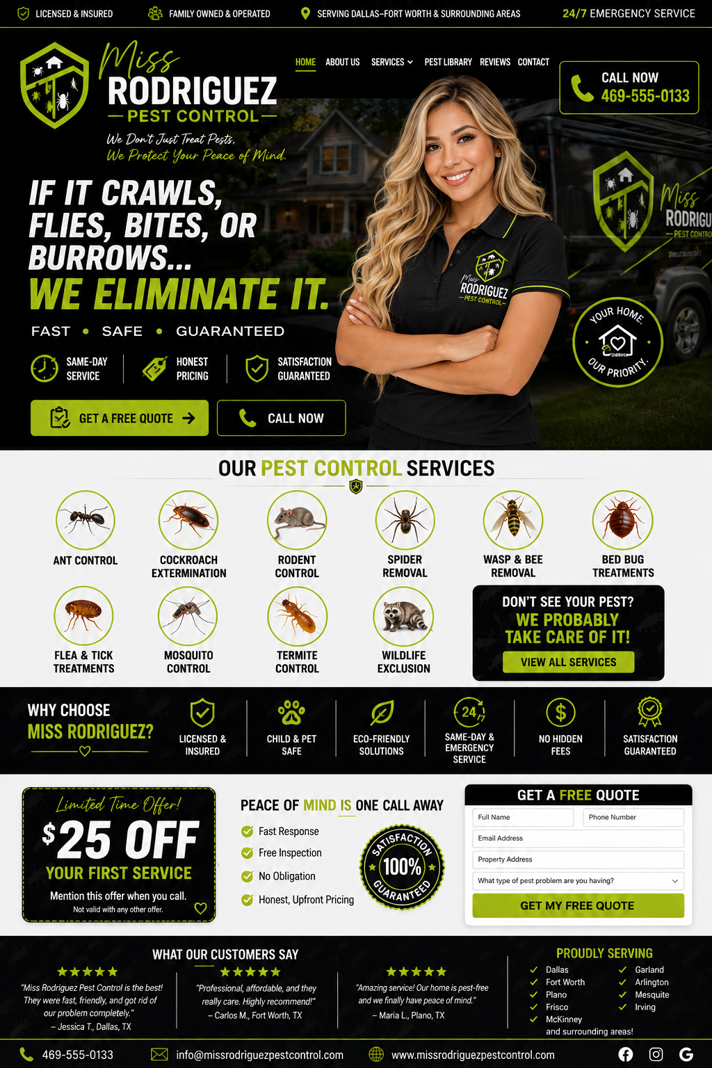 Miss Rodriguez Pest Control homepage — DFW pest control site built by PlugitAI