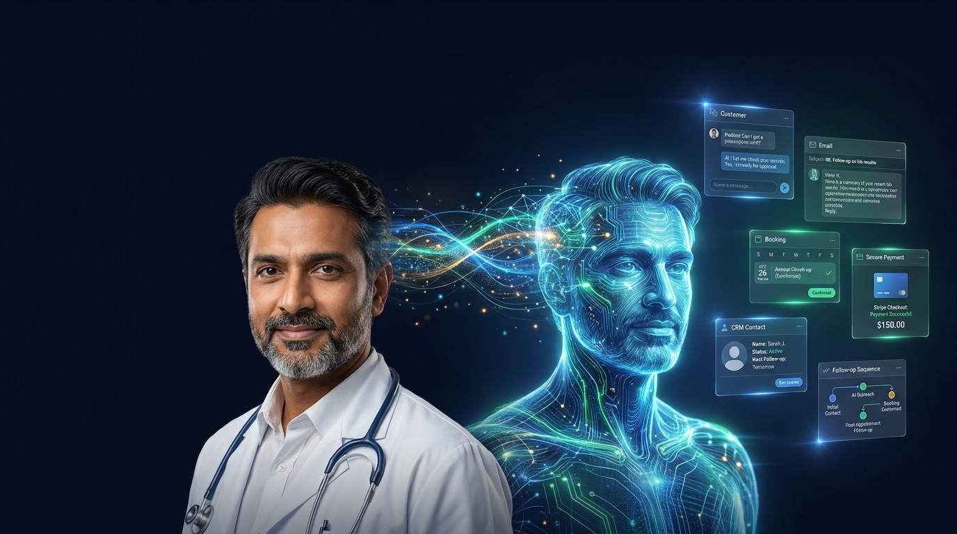 Business owner and their glowing AI twin — Medical clinic owner