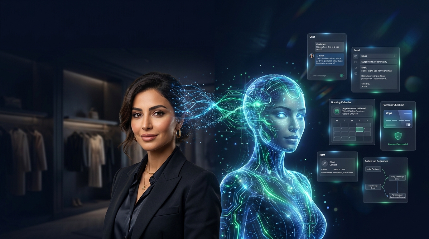 Business owner and their glowing AI twin — Fashion boutique